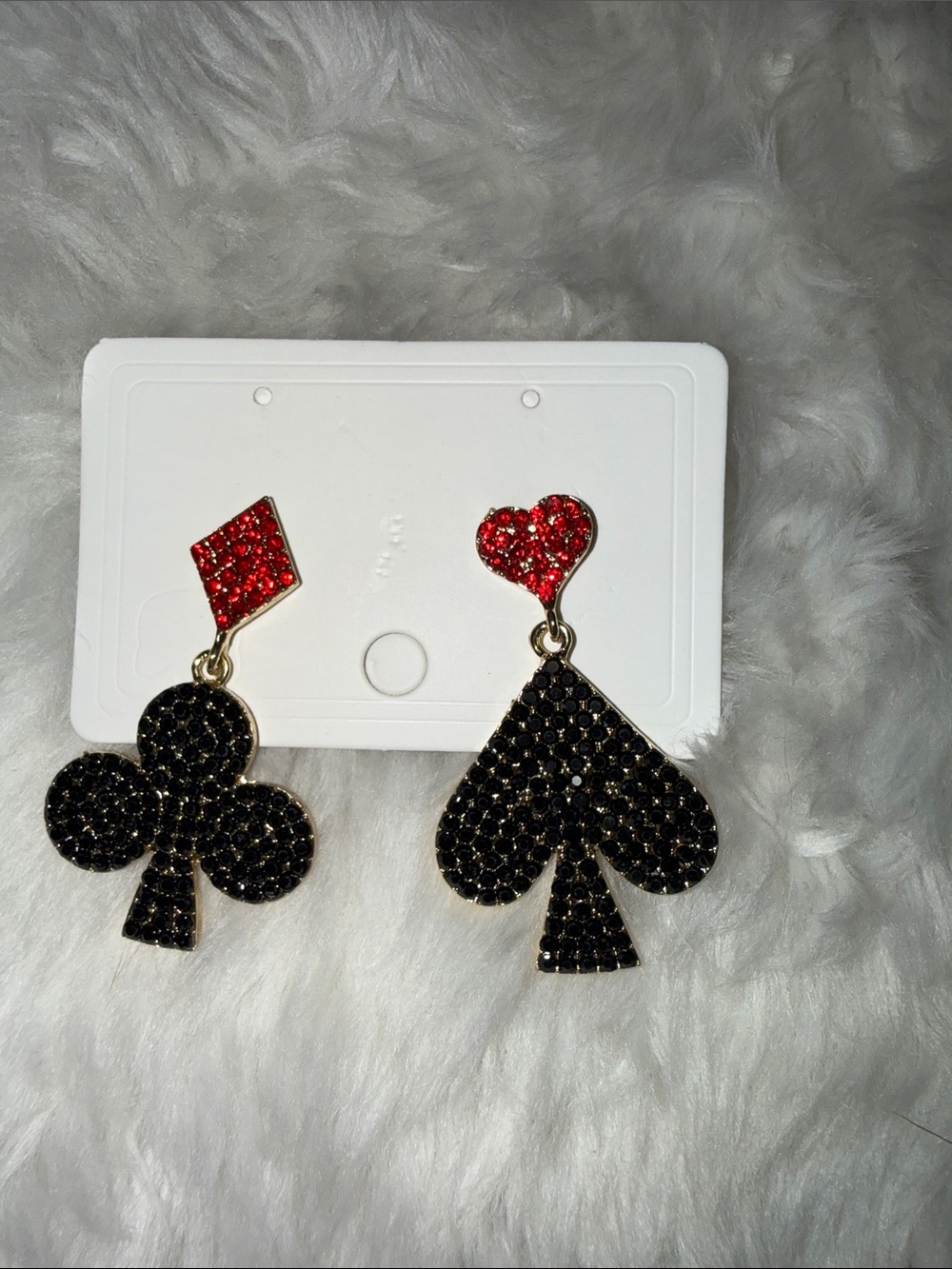 Gold-Plated Black & Red Card Suit Drop Earrings